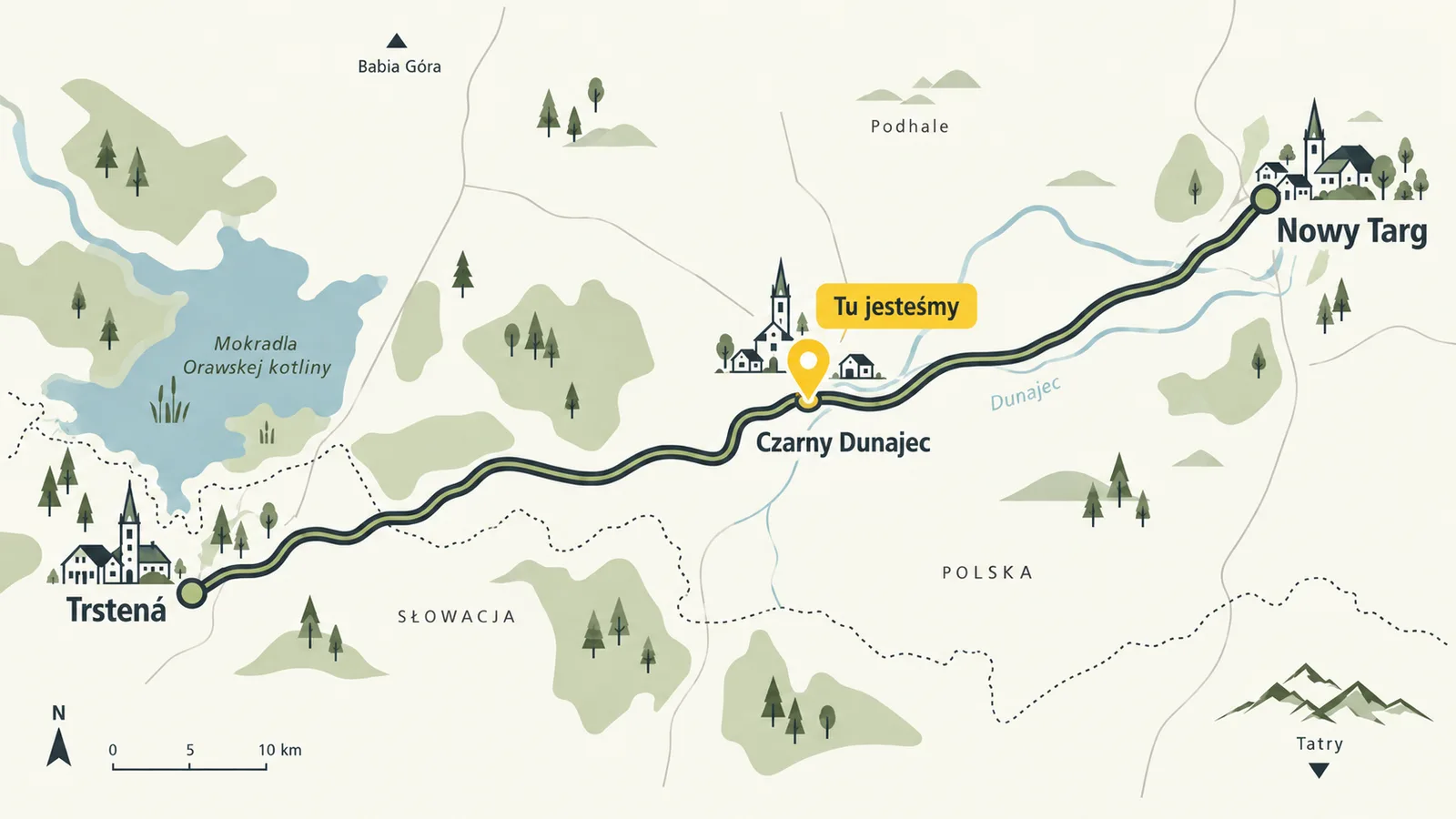 Mapa trasy rowerowej Nowy Targ do Trstenej przez Czarny Dunajec, ze Stacją zaznaczoną w połowie trasy